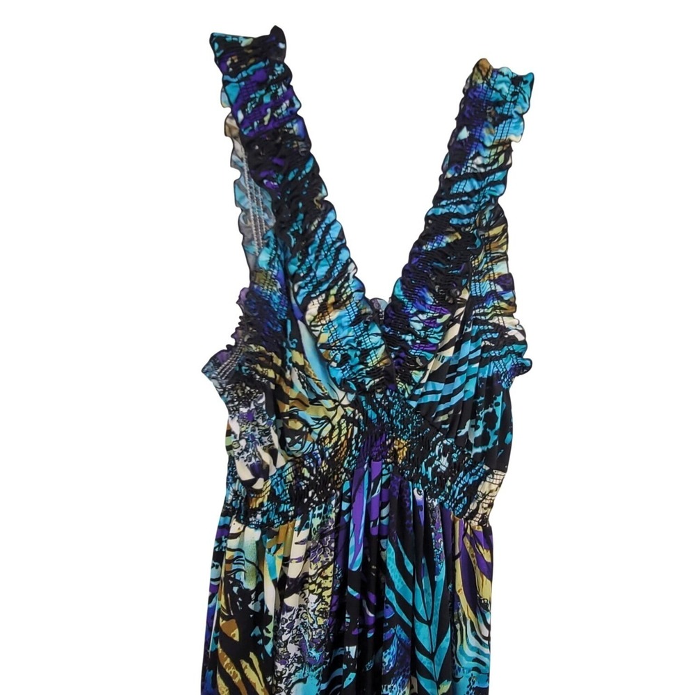 Womens Maxi Dress 1X Blue Purple Abstract Tropical Smocked V-Neck Boho Vacation - Picture 2 of 11
